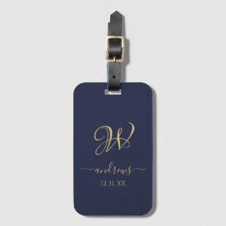 Para Maletas Elegante azul marino oro monogramado etiqueta de e