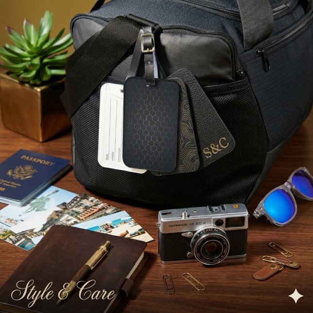 Para Maletas Elegante etiqueta de equipaje con patrón hexagonal (Elegant Black Gold Hexagonal Pattern Luggage Tag)