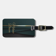 Elegante etiqueta de equipaje verde oscuro y dorad