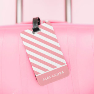 Para Maletas Etiqueta de bolso a rayas blancas y rosa Personali