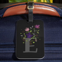 Etiqueta de equipaje con letra inicial E y diseño 