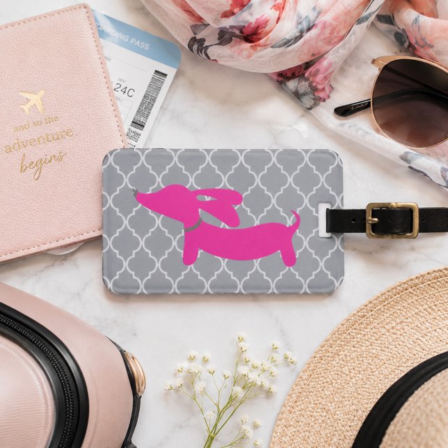 Para Maletas Etiqueta de equipaje Dachshund rosa y gris (Wiener dog luggage tag pink and gray)