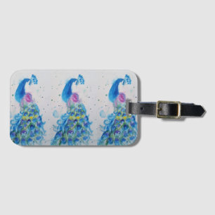 Para Maletas Etiqueta de equipaje de acuarela de pavo real azul