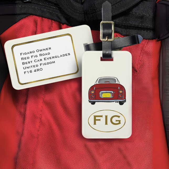 Para Maletas Etiqueta de equipaje de coche Figarations Monogram (Fun red figgy luggage tag for your road trip adventures. Just add your address details)