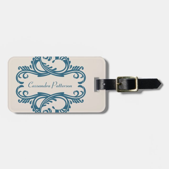 Para Maletas Etiqueta de equipaje de Damask de Moda azul (Frente Horizontal)