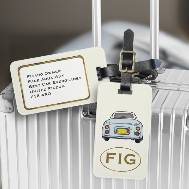 Para Maletas Etiqueta de equipaje Figaro Figarations Monograma  (Fun blue figgy luggage tag for your road trip adventures. Just add your initials & address details)