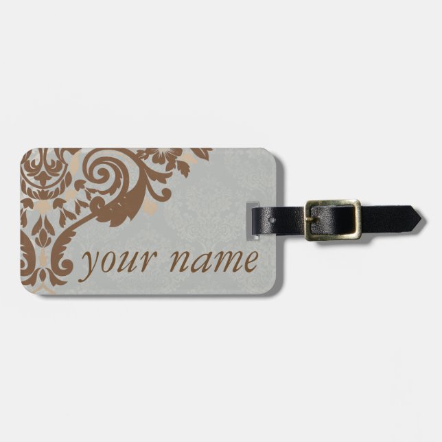 Para Maletas Etiqueta de equipaje Jacquard Damask de plata (Frente Horizontal)