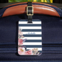 Etiqueta de equipaje monogramada de franja azul y