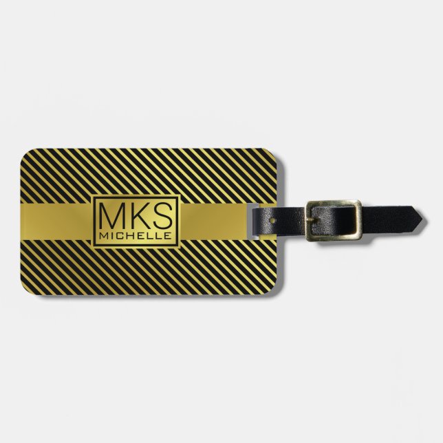 Para Maletas Etiqueta de equipaje monogramada de líneas doradas (Frente Horizontal)