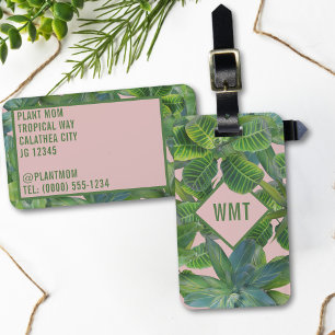 Para Maletas Etiqueta de equipaje rosa de hoja tropical verde M
