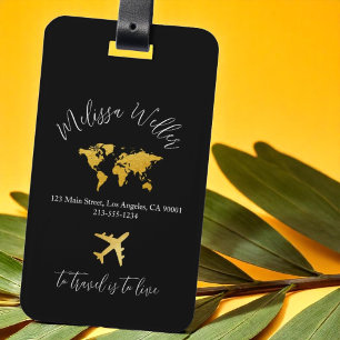 Para Maletas Etiqueta de viaje con mapa de oro y avión en negro