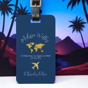 Para Maletas Etiqueta de viaje con mapa de oro y plano azul osc