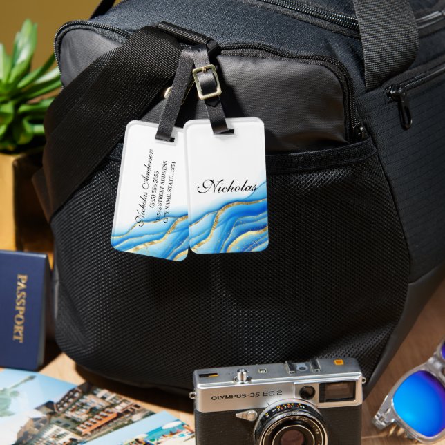 Para Maletas Etiqueta personalizada de equipaje azul y oro (Anverso & Reverso)