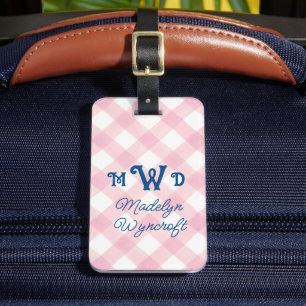 Para Maletas Etiqueta personalizada Monograma rosa Gingham Bag 