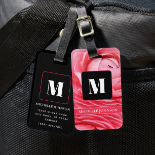 Para Maletas Flor rosa con etiqueta de equipaje de monogramo