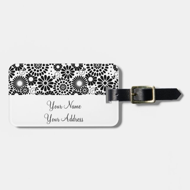 Para Maletas Flores blancas negras Retro Etiqueta del equipaje (Frente Horizontal)