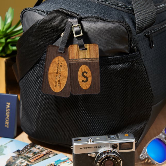 Para Maletas Handsome Faux Wood Monogramed Lumaleta Etiqueta (Anverso & Reverso)