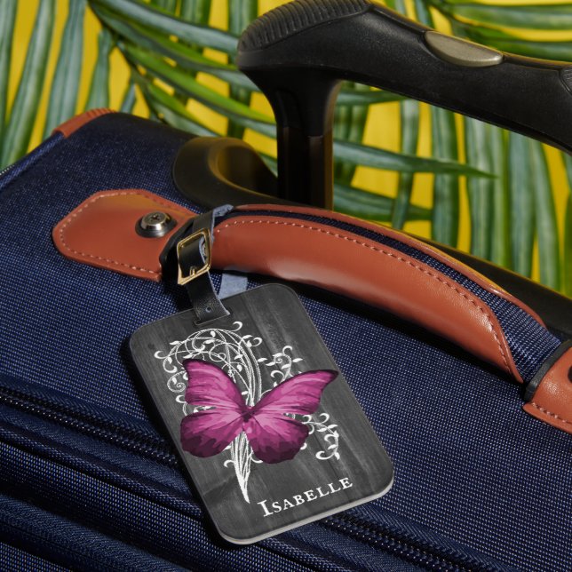Para Maletas Magenta Rustic Butterfly Personalizada Etiqueta de (Anverso In situ 1)