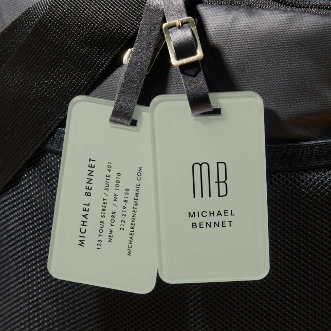 Para Maletas Moderna Etiqueta de Equipaje Monogramada Verde Sal (Modern Sage Green Monogrammed Luggage Tag)