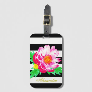 Para Maletas Monograma Pink Peony Etiqueta de equipaje negro y