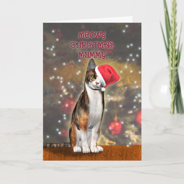 Para mamá, un gato gracioso en un gorra de Navidad (Anverso)