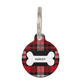 Para Mascotas Placa de identificación roja del tartán