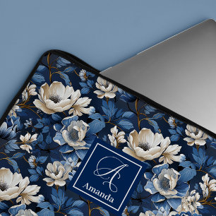 Para Portátil Funda de laptop diseñada con flores de azul glamor