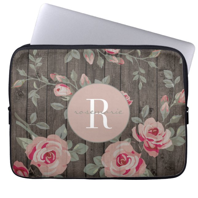 Para Portátil Rosas monogramados en Wood MacBook Funda (Frente)
