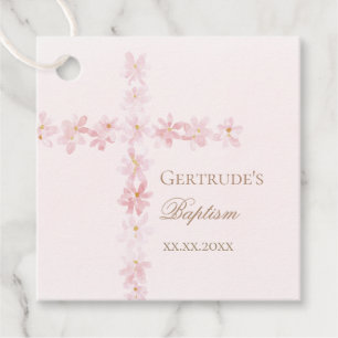 Para Recuerdos Baptismo flores rosadas acuarela cruz etiquetas de