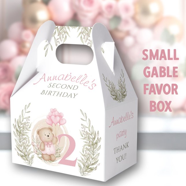 Para Regalos 2.º Cumpleaños Cute Teddy Bear Pequeño Favor Caja  (2nd Birthday Cute Teddy Bear Pink Small Favor Box)