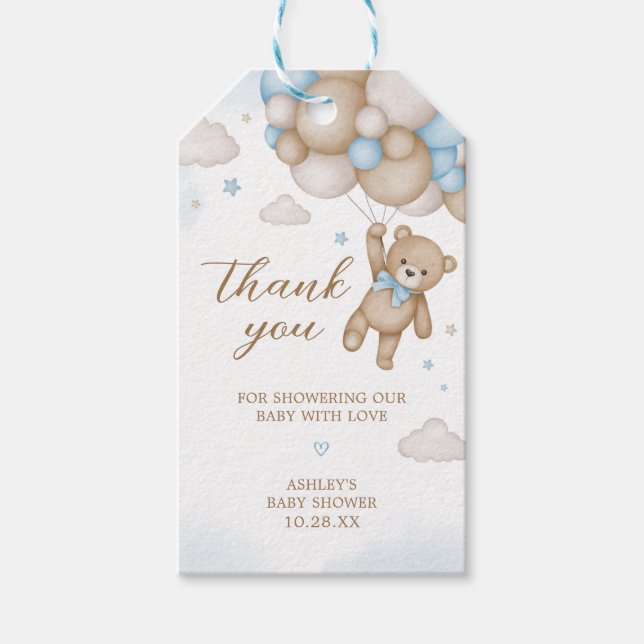 Para Regalos Balones de oso azul Etiquetas Baby Shower Favor (Anverso)