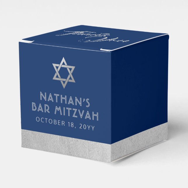 Para Regalos Bar Mitzvah Banda azul y plata Caja de Favor Moder (Costado Anverso)