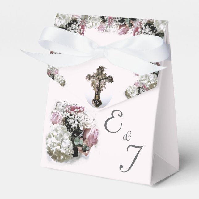 Para Regalos Caja de Favor de Boda Católica con Flores Blancas  (Front Side)