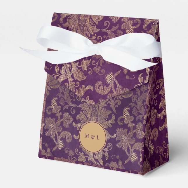 Para Regalos Caja de Favor de Boda Royal Purple Damask Monogram (Front Side)