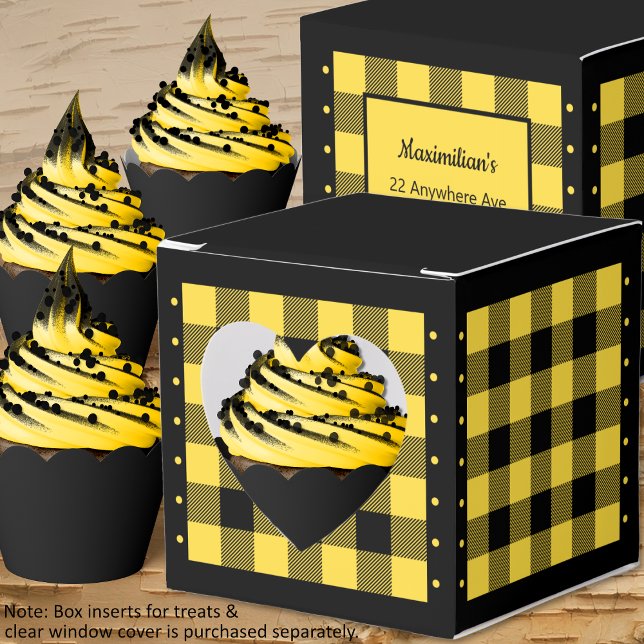 Para Regalos Caja de Favor de Corazón - Buffalo Check - Amarill (Buffalo Check - Yellow and Black - Heart Favor Box - Cupcakes - by Leapfroglisics Shop)