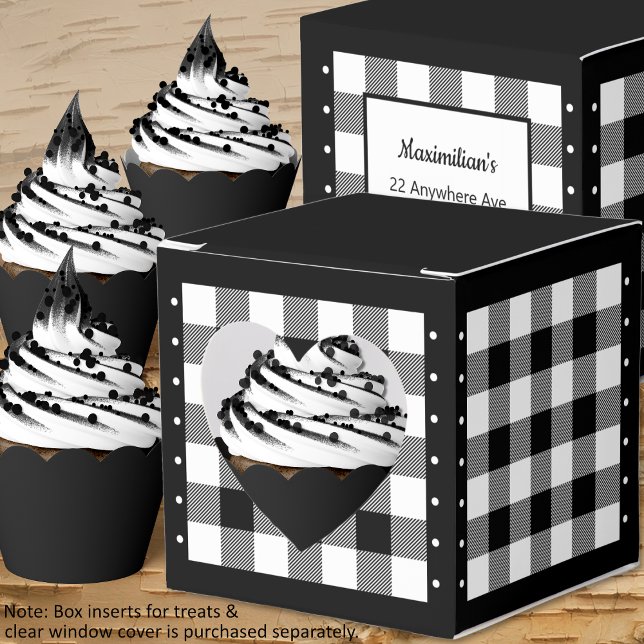 Para Regalos Caja de favores con estampado de Búfalo - Negro y  (Buffalo Check - Black and White - Heart Favor Box - Cupcakes - by Leapfroglisics Shop)