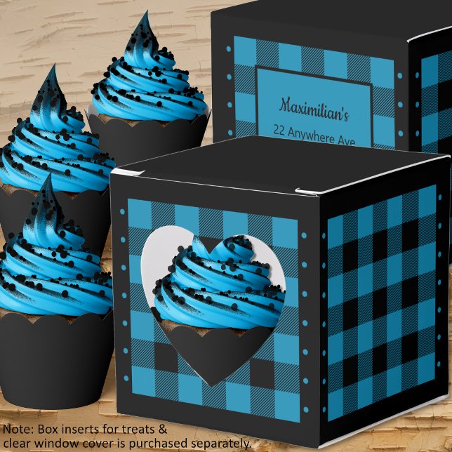 Para Regalos Caja de Favoritos de Cuadro Búfalo - Azul y Negro  (Buffalo Check - Blue and Black - Heart Favor Box - Cupcakes - by Leapfroglisics Shop)