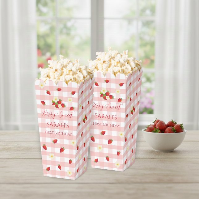 Para Regalos Caja de Palomitas de Fresa Dulce Cumpleaños 1 (Berry Sweet Strawberry 1st Birthday Popcorn Favor Boxes)