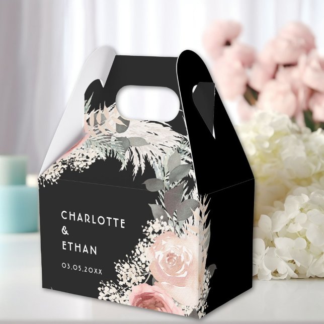 Para Regalos Caja de regalo Boho Floral Boda (Personalized Boho Floral Wedding Black Favor Boxes with your Name & Date.)