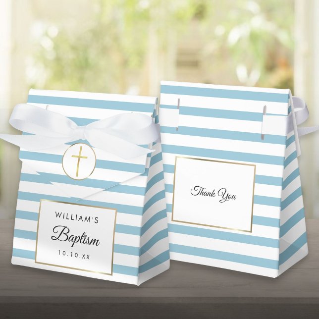 Para Regalos Caja de regalo de bautizo con raya azul linda (Cute Blue Stripe Baptism Christening Favor Box)