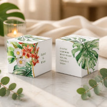 Caja de regalo de boda con anillo tropical