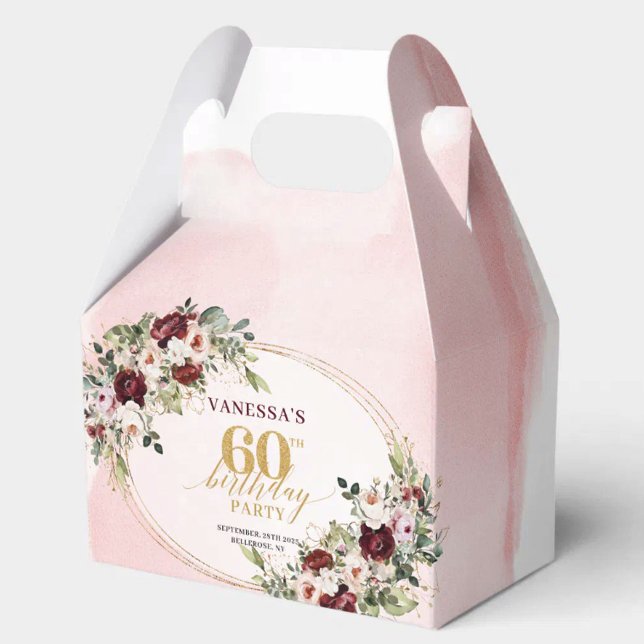 Para Regalos Caja de regalo de cumpleaños 60 Moderno Boho Borgo (Burgundy Gold Rose 60th Birthday Treat Box)