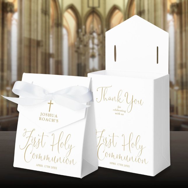 Para Regalos Caja de regalo de primera comunión con escritura d (Elegant Gold Script First Holy Communion Favor Boxes)