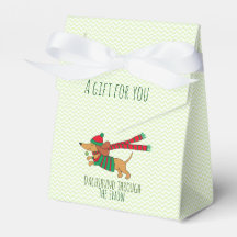 Dachshund a través de la caja del favor de la niev