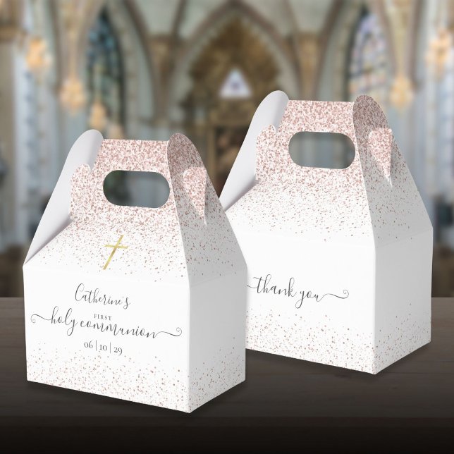 Para Regalos Elegante caja de regalo de Primera Comunión con br (Elegant Rose Gold Glitter First Holy Communion Favor Boxes)