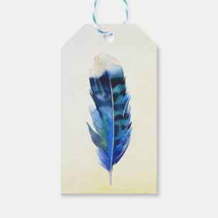 Para Regalos Etiquetas de regalo de plumas de pájaro azul bohem