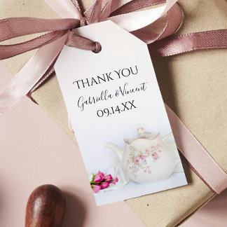 Para Regalos Etiquetas favoritas de bodas de tetera y rosa