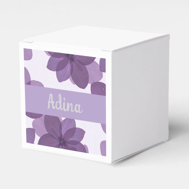 Para Regalos Flor morada Caja de favores Bas Mitzva con nombre (Costado Anverso)