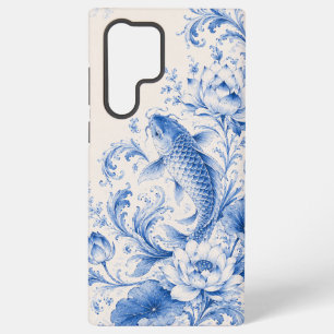 Para Samsung Galaxy S22 Ultra Funda de teléfono Blue Chinoiserie Koi Lotus