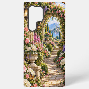 Para Samsung Galaxy S22 Ultra Funda de teléfono con lago en jardín de rosas rosa